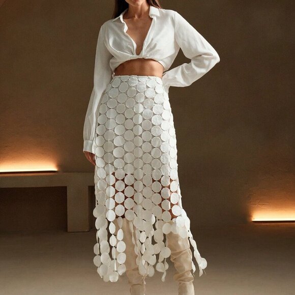 White Casual Women's Laser Cut Multi Circle Double Layered Skirt - Picture 4 of 7